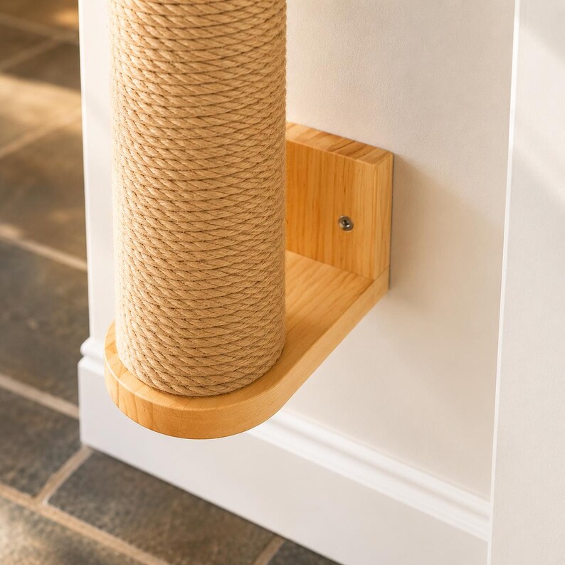 May include: A wall-mounted cat scratching post. The post is a thick, cylindrical column wrapped in natural-colored sisal rope. It is attached to a light-colored wooden shelf and mounting bracket. The post is designed to be mounted on a wall.