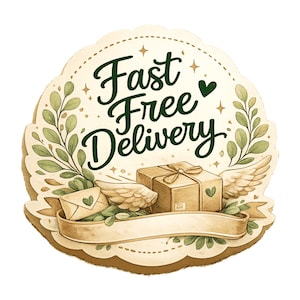 a label with the text "Fast Free Delivery" and a decorative border with leaves and wings.