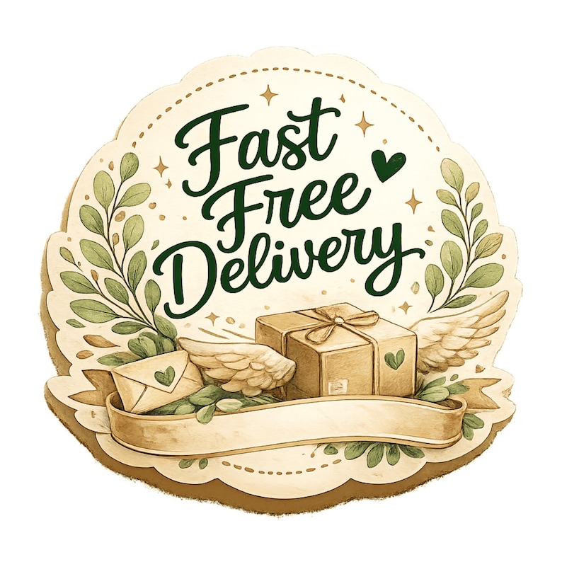 a label with the text "Fast Free Delivery" and a decorative border with leaves and wings.