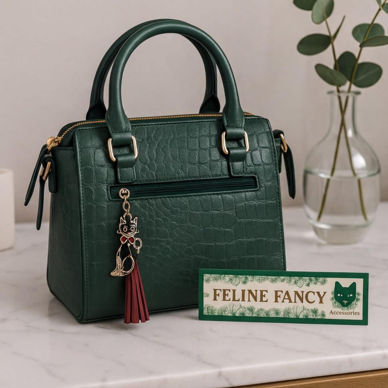 A green handbag with a cat charm and a sign for "Feline Fancy" accessories is displayed on a marble countertop.