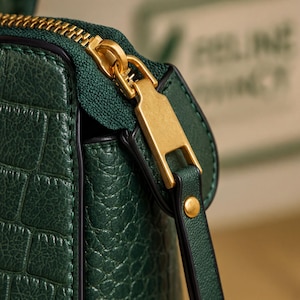 A close-up view of a green leather handbag with a gold zipper and a gold metal clasp.