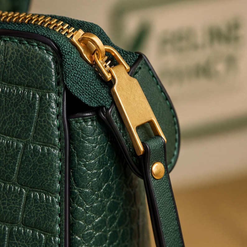 A close-up view of a green leather handbag with a gold zipper and a gold metal clasp.