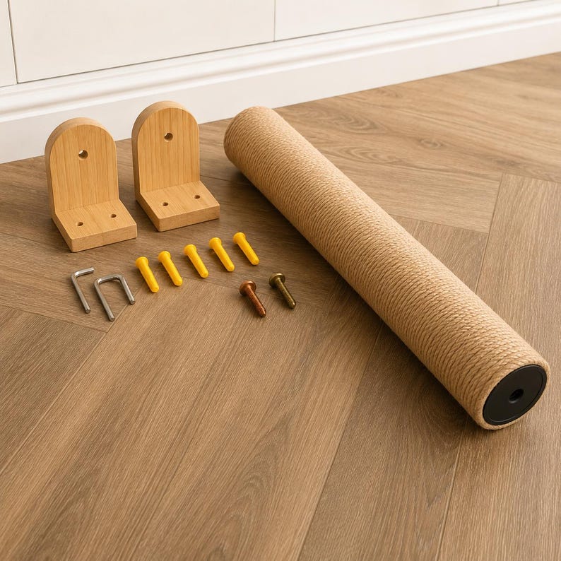 May include: A cat scratching post kit with a beige sisal rope-wrapped tube, two wooden brackets, screws, and an Allen wrench. The components are arranged on a light brown wooden floor, ready for assembly.