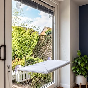 Window Cat Hammock, Minimalist Elevated Perch - Padded Fabric | 54×32×66Cm, Suction Cups, Blue White Khaki