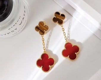 Authentic Van Cleef Vintage Magic Alhambra earrings, 2 motifs Carnelian Stud Earrings Jewelry Four Leaf Clover Lucky Sparkling Earrings