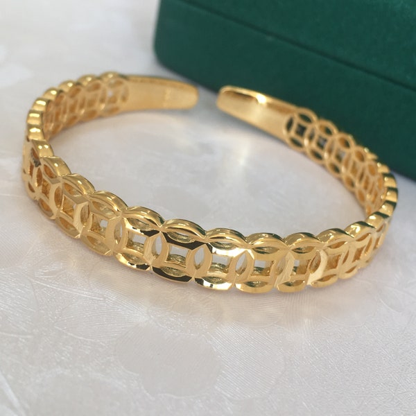 Original 999 Gold Filled cuff Bangles | Open wide bangle,Sand Gold Copper Money Design Open Bangle