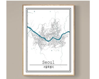 May include: A framed black and white map of Seoul, South Korea, with a blue river running through it. The map is titled "Seoul" with the Korean text "서울특별시" underneath.