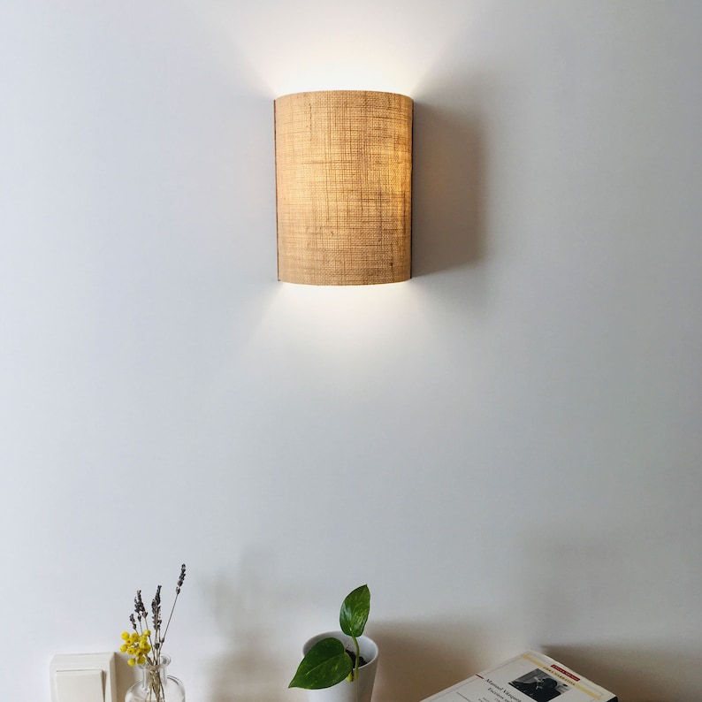 Aplique de pared con pantalla en yute Natural - Aplique de pared de roble - Aplique de madera - Luz de pared - Lámpara de noche