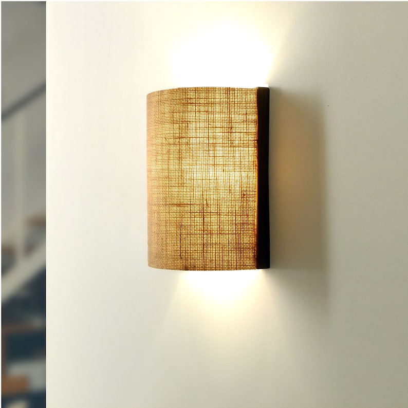 Aplique de pared con pantalla en yute Natural - Aplique de pared de roble - Aplique de madera - Luz de pared - Lámpara de noche