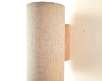 Handcrafted wall light with oak wood and white natural linen - Japandi style wall light with plug-in option.