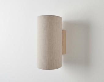 Wall sconce. Wall lights. Wall lighting. Wall lamps. Oak wood wall lamp with linen fabric shade.