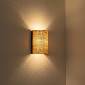 Oak wood wall sconce with a half-cylinder shade in natural jute burlap fabric, with optional plug. Boho style. image 7