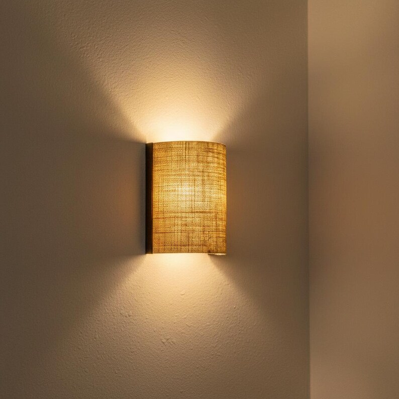 Oak wood wall sconce with a half-cylinder shade in natural jute burlap fabric, with optional plug. Boho style. image 7