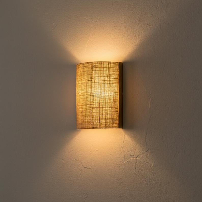 Oak wood wall sconce with a half-cylinder shade in natural jute burlap fabric, with optional plug. Boho style. image 8