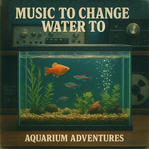 May include: A vintage-style album cover with the title "MUSIC TO CHANGE WATER TO" and the subtitle "AQUARIUM ADVENTURES". The cover features a fish tank with orange and red fish swimming among green plants.
