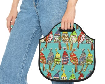 Bolsa de almuerzo de neopreno con diseño de pájaros de ópalo, estilo retro, boho