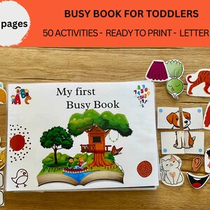 May include: A colorful busy book for toddlers with 77 pages and 50 activities. The book features a variety of activities, including matching, counting, and puzzles. The book is ready to print in letter and A4 sizes. The cover of the book shows a cartoon illustration of a treehouse with a child in a boat.