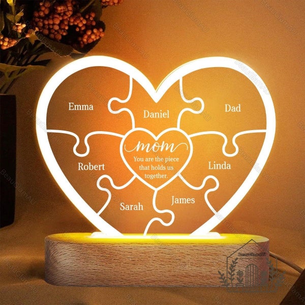 Lampe LED acrylique coeur personnalisée, Maman, tu es la pièce qui nous unit Lumière, Veilleuse puzzle personnalisée, Cadeau pour la fête des Mères