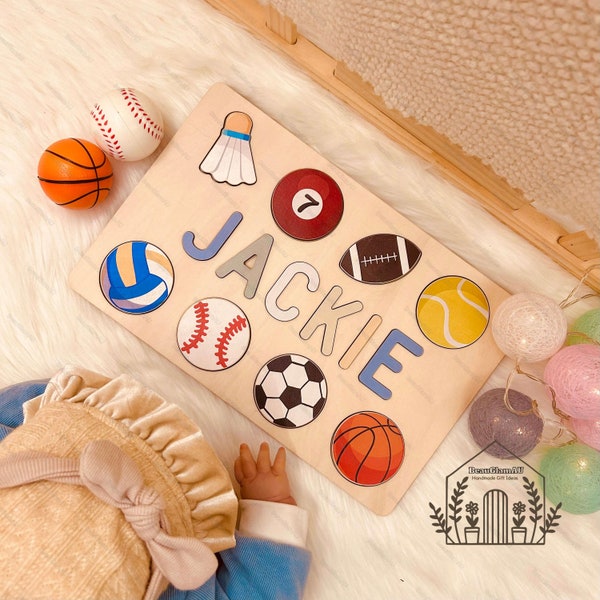 Personalized Wooden Baby Name Puzzle With Balls, Sports Wooden Puzzle, Toys For Kids, Montessori Baby Toys, Kid Birthday Gift