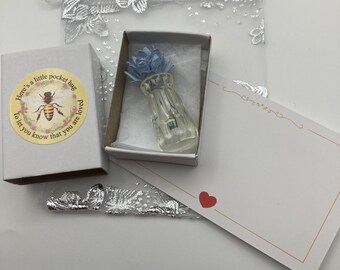 Miniature blue aster Matchbox Vase Flowers: Tiny Thank You Hug (Organza Bag)