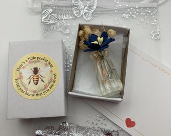 Miniature blossom Matchbox Vase Flowers: Tiny Thank You Hug (Organza Bag)
