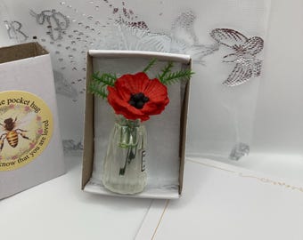 Miniature poppy Matchbox Vase Flowers: Tiny Thank You Hug (Organza Bag)