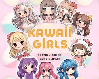 Set of 35 Png Kawaii girls clip art,cute girl clipart,kawaii girls stickers,girl clipart,happy girls,colorful kawaii girls,gift for daughter