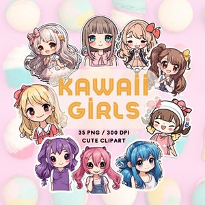 Set mit 35 PNG-Kawaii-Mädchen-ClipArts, süße Mädchen-Cliparts, Kawaii-Mädchen-Aufkleber, Mädchen-Cliparts, glückliche Mädchen, bunte Kawaii-Mädchen, Geschenk für Tochter