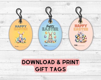 Happy Easter cadeau tags, Set van 3 tags, Verfraai uw geschenken, Cadeau voor vrienden, Afdrukbare cadeau tags, Digitale cadeau tag, aquarel konijntjeseieren