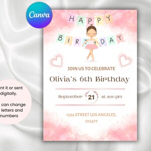 Ballerina Birthday Invitation Modern Ballet Dancer Girl Birthday Invitation Editable Digital CANVA Template INSTANT DOWNLOAD, Personalize
