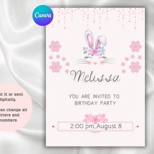 Bunny birthday invitation card, Girl 1st birthday, Bunny theme card,Birthday party invitation card, Easter card, CANVA Editable Digital card