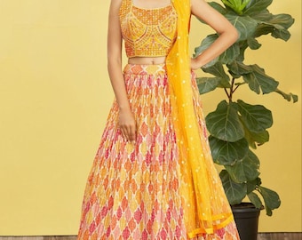 Yellow Lehenga Choli: Zari & Sequins Embroidery, Indian Wedding Wear