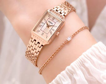 Luxus-Rosegold-Damenuhr-rechteckiges rosa römisches Zifferblatt elegantes Armband