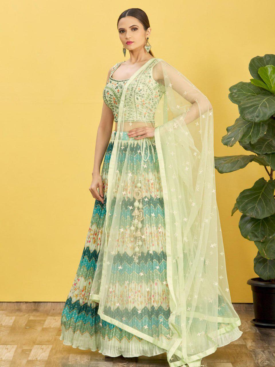Green Lehenga Choli: Zari & Sequins Embroidery, Indian Wedding Wear