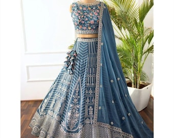 Blue Lehenga Choli: Indian Wedding Wear, Georgette Embroidery