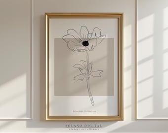Minimalist Anemone Flower Line Art Print: Beige Botanical Poster (Digital Download)