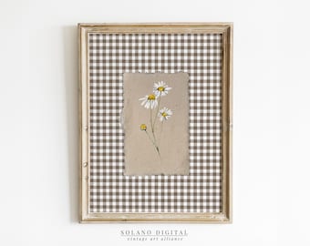 Brown Gingham Flower Print Digital Downloadable Wall Art Trendy Decor Vintage Floral Painting Printable Nursery Art Chamomile Flower Spring