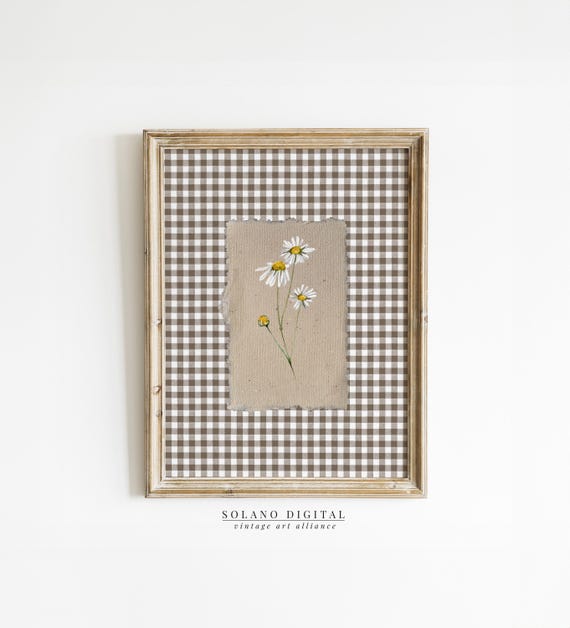Chamomile Flower Print: Brown Gingham Vintage Wall Art (Digital Download)