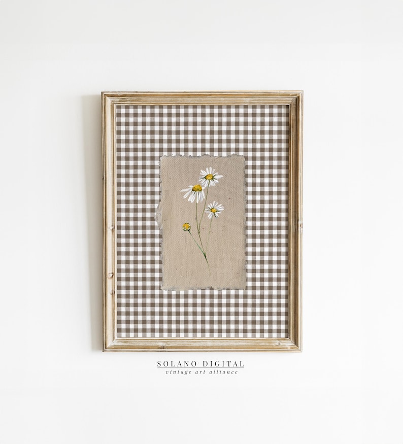 Vintage daisy floral printable art with gingham background, perfect for farmhouse decor. Digital download available on Etsy.