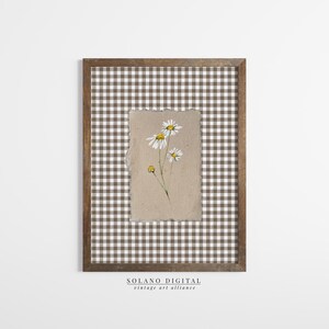 Minimal daisy artwork on textured paper with beige gingham. Aesthetic printable decor available on Etsy as a digital download.