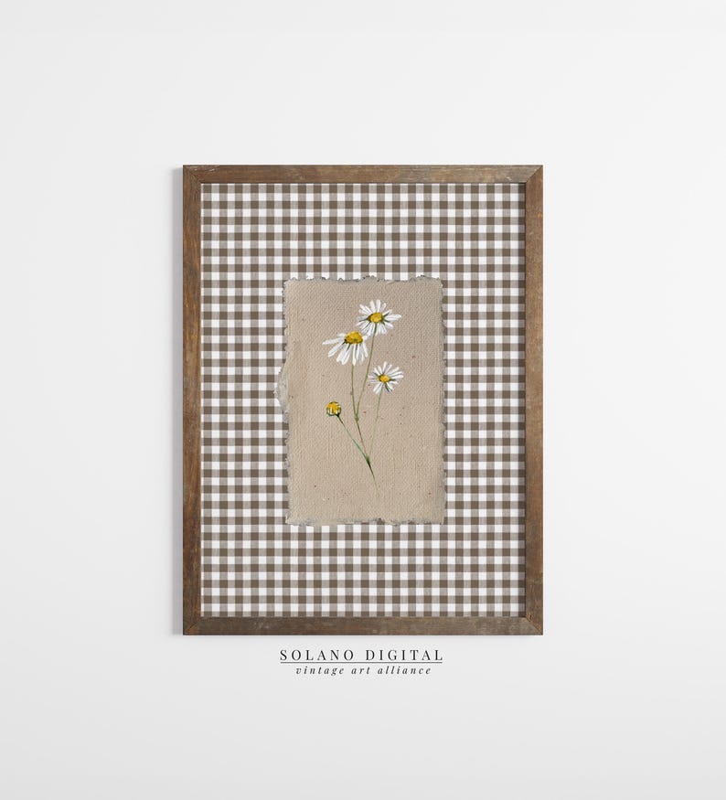 Minimal daisy artwork on textured paper with beige gingham. Aesthetic printable decor available on Etsy as a digital download.