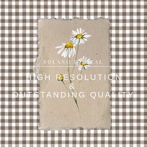 Neutral daisy flower printable wall art with canvas texture and checkered background. Instant digital download available on Etsy.