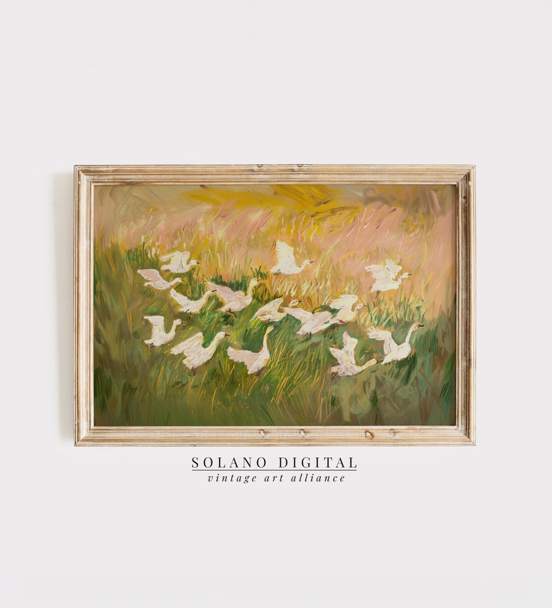 Charming painting of white geese in a vibrant meadow, perfect for nursery or cottagecore decor. Available as a printable digital download on Etsy, this abstract vintage artwork adds a whimsical touch to any farmhouse or vintage-themed space.