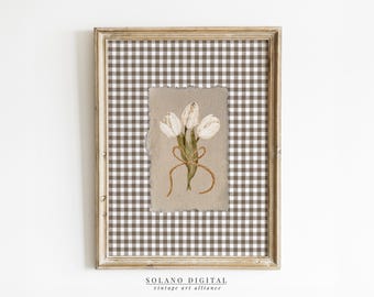 Gingham Tulip Bouquet Vintage Art Print: Farmhouse Decor (Digital Download)