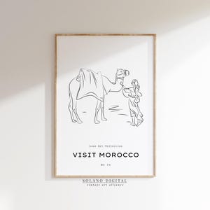 Visit Morocco Printable Art, Minimalist Travel Wall Art, Camel Line Drawing, Desert Adventure Decor, Digital Download, Boho Home Poster