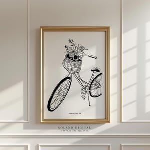 Vintage Bicycle Wall Art Printable, Black and White Floral Bike Line Drawing, French Country Home Decor, Digital Download Poster