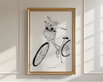 Vintage Bicycle Line Art Print: French Country Floral Bike (Digital Download)