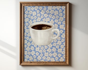 Coffee Cup Printable Wall Art, Blue Floral Background, Cottagecore Kitchen Decor, Minimal Espresso Print, Grandmillennial Download