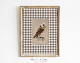 Barn Owl Watercolor Print: Vintage Farmhouse Gingham (Digital Download)