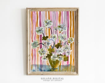 Striped Floral Art Print: Anemone Bouquet in Green Vase (Digital Download)